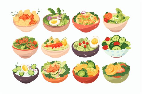 کاسه با سالاد غذای سالم با سبزیجات جدا شده در تصویر کارتونی وکتور پس زمینه سفید