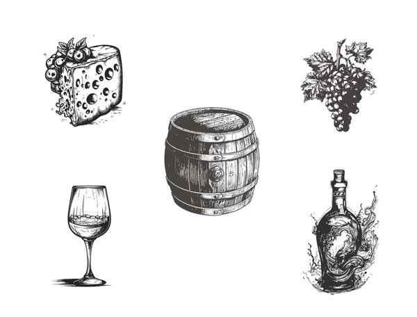 مجموعه شراب سیاه و سفید طرحی با دست که بر روی تصویر برداری پس زمینه سفید برجسته شده است