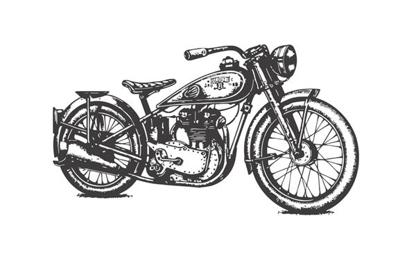 موتورسیکلت قدیمی سیاه و سفید طرحی با دست که بر روی تصویر برداری پس زمینه سفید برجسته شده است