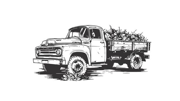 کامیون مزرعه در سیاه و سفید طرحی با دست که بر روی تصویر برداری پس زمینه سفید برجسته شده است