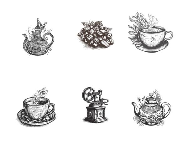 مجموعه چای قهوه سیاه و سفید طرحی دستی که بر روی تصویر برداری پس زمینه سفید برجسته شده است