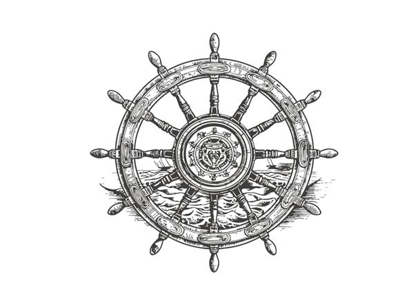 چرخ کشتی سیاه و سفید طرحی با دست که بر روی تصویر برداری پس زمینه سفید برجسته شده است