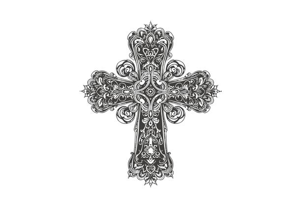 صلیب مسیحی در سیاه و سفید طرحی با دست که بر روی تصویر برداری پس زمینه سفید برجسته شده است