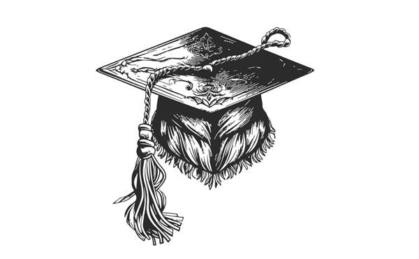 کلاه فارغ التحصیلی مشکی با منگوله به رنگ سیاه و سفید طرحی با دست که بر روی تصویر برداری پس زمینه سفید برجسته شده است