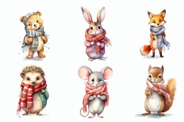 مجموعه حیوانات سافاری خرگوش خرگوش روباه جوجه تیغی موش و سنجاب با روسری گرم در تصویر وکتور جدا شده به سبک سه بعدی