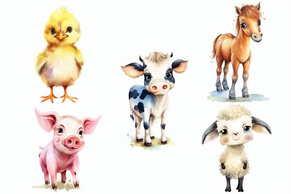 مجموعه حیوانات سافاری مرغ گاو خوک و گوسفند در تصویر برداری جدا شده به سبک سه بعدی