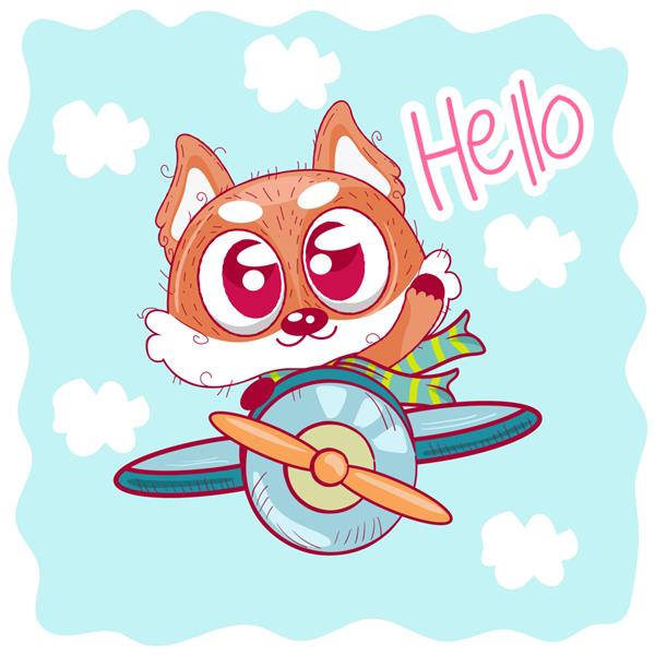 روباه کارتونی ناز در هواپیما در حال پرواز است