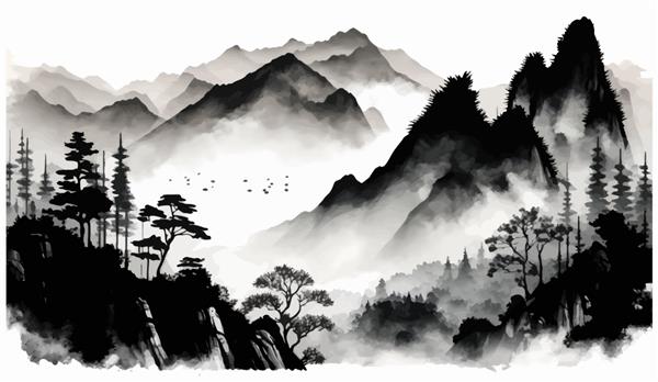 منظره مینیمالیستی با کوه‌های جنگلی مه آلود در تصویر برداری سنتی شرقی مینیمالیستی به سبک ژاپنی
