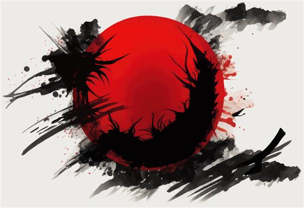 نقاشی وبسترکت رنگ شستشوی جوهر سیاه و نماد خورشید قرمز بزرگ تصویر برداری ژاپن