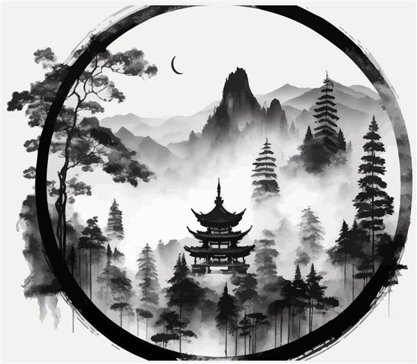 نقاشی شستشوی جوهر با کوه های جنگلی مه آلود و معبد بتکده به سبک وینتیج