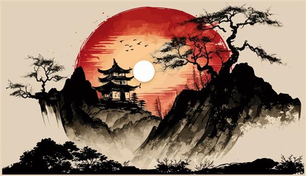 منظره چینی با خانه کوچک زیر درخت بزرگ روی تپه بلند و تصویر برداری خورشید قرمز بزرگ