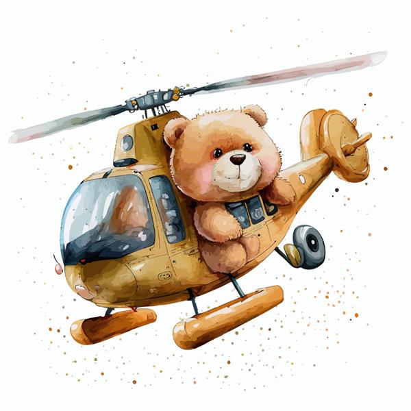 خرس عروسکی در حال پرواز در هلیکوپتر در تصویر برداری جدا شده به سبک سه بعدی