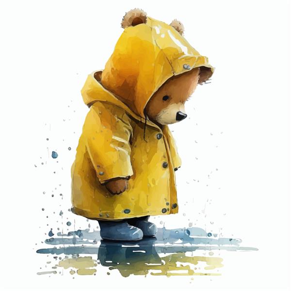خرس عروسکی با بارانی زرد در یک گودال با تصویر برداری جدا شده به سبک سه بعدی راه می رود