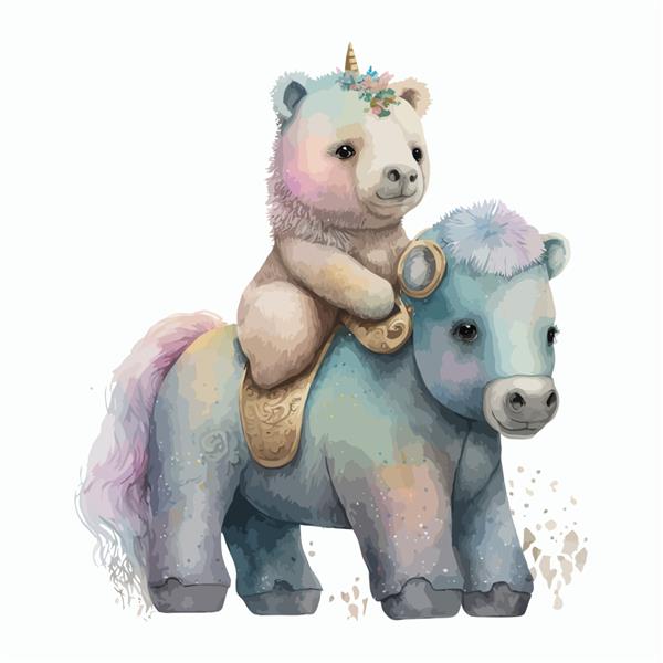 خرس عروسکی روی اسب شاخدار در تصویر برداری جدا شده به سبک سه بعدی