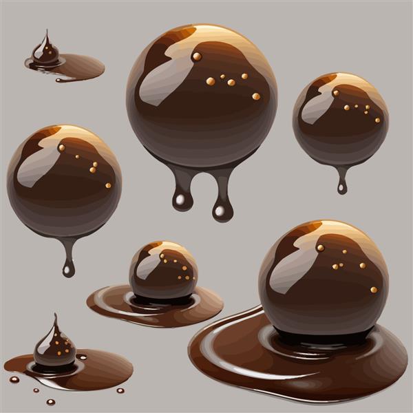 قطره های شکلاتی قهوه ای تیره سس گاناش مایع براق یا حباب های شربت ایزوله شده بر روی تصویر برداری پس زمینه