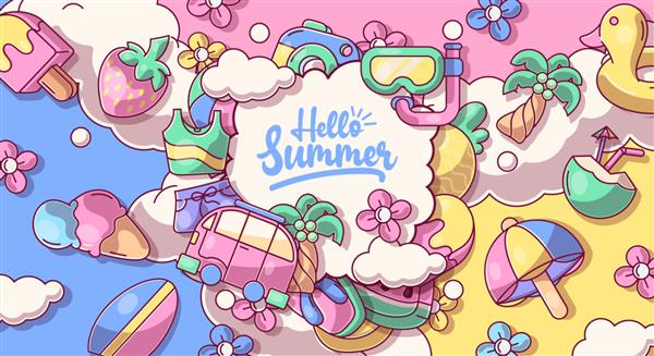 تصویر برداری مجموعه سلام تابستان از نمادهای تابستانی ابله خنده دار رنگارنگ مانند عینک آفتابی درخت نخل بستنی فلامینگو کاکتوس تخته موج سواری آناناس و هندوانه