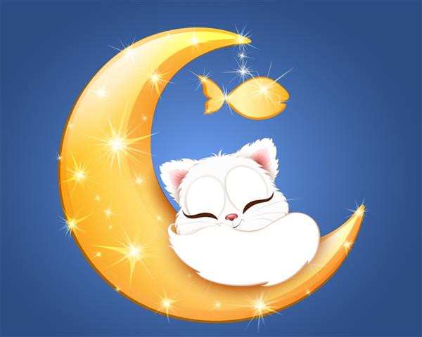 کارتونی دختر گربه سفید ناز روی ماه طلایی درخشان با ماهی طلایی اسباب بازی