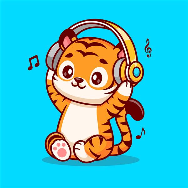 ببر ناز گوش دادن به موسیقی با هدفون وکتور کارتونی تصویر آیکون موسیقی حیوانات جدا شده