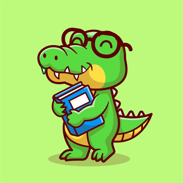 تمساح ناز کتاب نگهدارنده کتاب مدرسه کارتونی آیکون وکتور تصویر آموزش حیوانات نماد جدا شده