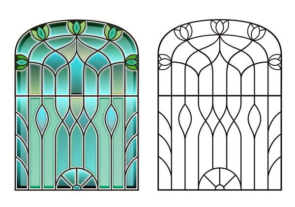 عناصر وکتوری قوس دار پنجره قدیمی قدیمی با شیشه های رنگی در معماری آرت نوو طرح گلدار