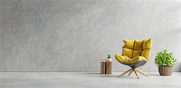 فضای داخلی اتاق نشیمن در آپارتمان شیروانی با صندلی راحتی زرد دیوار بتنی رندر سه بعدی