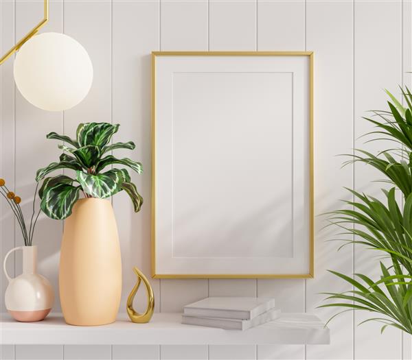 ماکاپ پوستر با قاب طلایی عمودی در پس زمینه داخلی خانه رندر سه بعدی