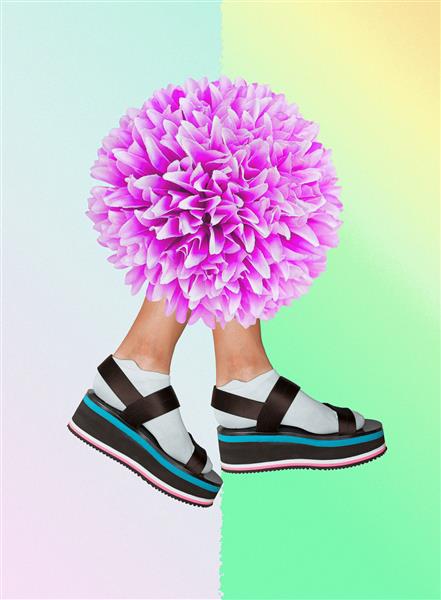هنر کولاژ دیجیتال معاصر پاهای تابستانی در صندل شکوفه گل مفهوم مثبت