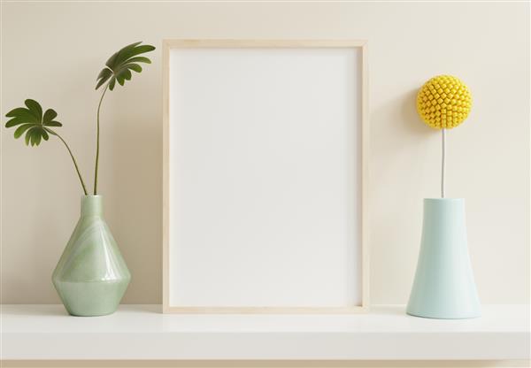 ماکت قاب چوبی عمودی با گیاهان سبز در پس‌زمینه دیوار سفید رندر سه بعدی