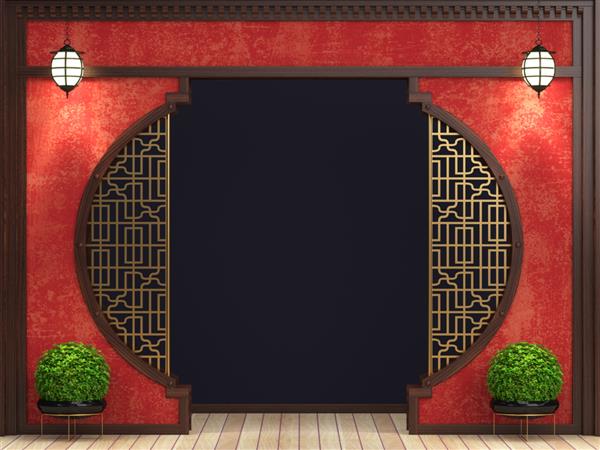 تصویر سه بعدی پارتیشن دیواری آسیای شرقی قرمز و طلایی با صفحه کشویی طلایی