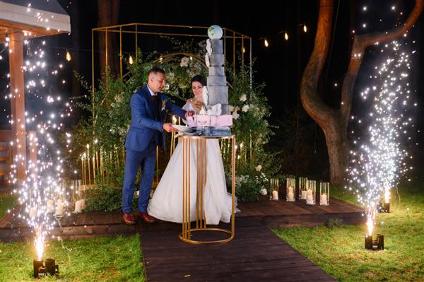 نمای جلوی داماد و عروس خوشحال ایستاده در پس زمینه طاق عروسی در حال بریدن تکه ای از کیک در مراسم شب با برق و نورهای سرد درخشان