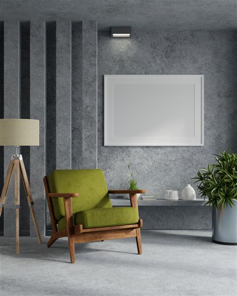 قاب پوستر ماکت در زمینه داخلی بتونی با صندلی راحتی سبز و لوازم جانبی در اتاق