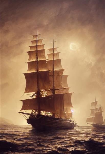 یک کشتی دزدان دریایی باستانی با بادبان های پاره پاره در اقیانوس در حال حرکت است مفهوم ماجراجویی دزدان دریایی
