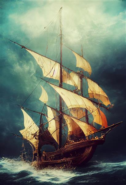 یک کشتی دزدان دریایی باستانی با بادبان های پاره پاره در اقیانوس در حال حرکت است مفهوم ماجراجویی دزدان دریایی