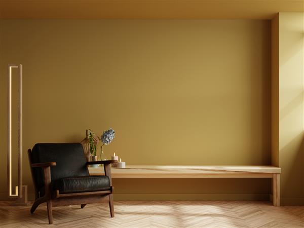 قفسه چوبی برای تلویزیون در اتاق نشیمن مدرن با صندلی راحتی چرمی و گیاه در پس زمینه دیوار زرد تیره