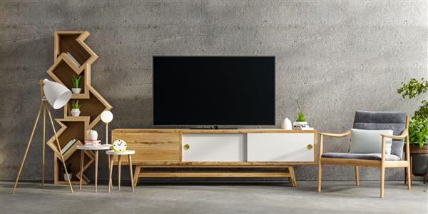 تلویزیون کابینتی در اتاق نشیمن مدرن با صندلی راحتی و گیاه روی پس زمینه دیوار بتنی رندر سه بعدی