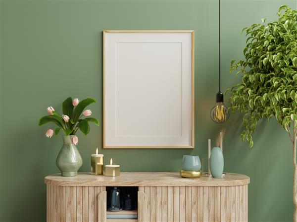 ماکت قاب عکس دیوار سبز نصب شده روی کابینت چوبی با گیاهان زیبا رندر سه بعدی