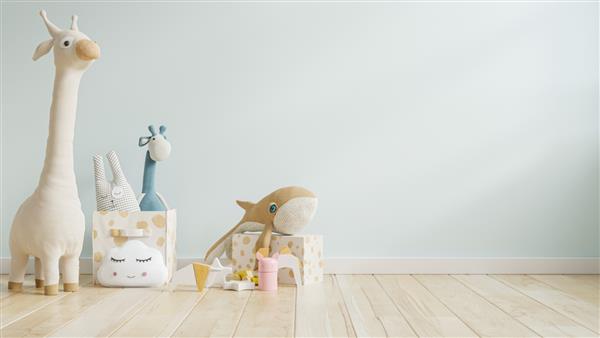 موکاپ دیوار آبی در اتاق کودکان رندر سه بعدی