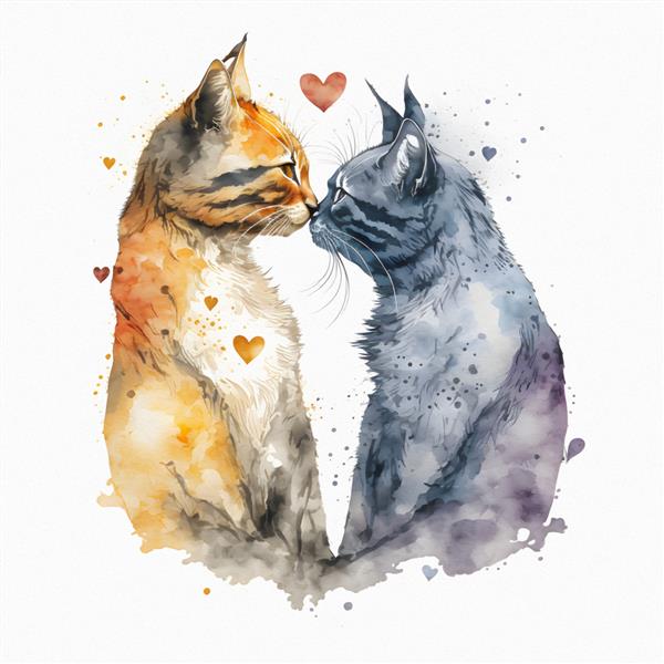 دو گربه در حال بوسیدن به شکل روز ولنتاین قلب و تصویر آبرنگ همه عاشقان