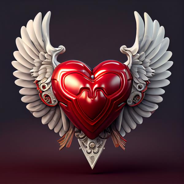 قلب بالدار قلب قرمز با بالهای سفید تصویر رندر سه بعدی مفهوم ولنتاین را دوست دارد