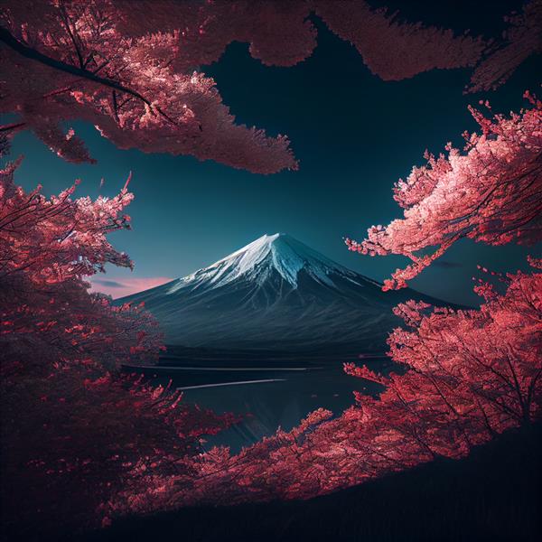 کوه فوجی و درختان شکوفه گیلاس در تصویر چشم انداز ژاپنی بهار