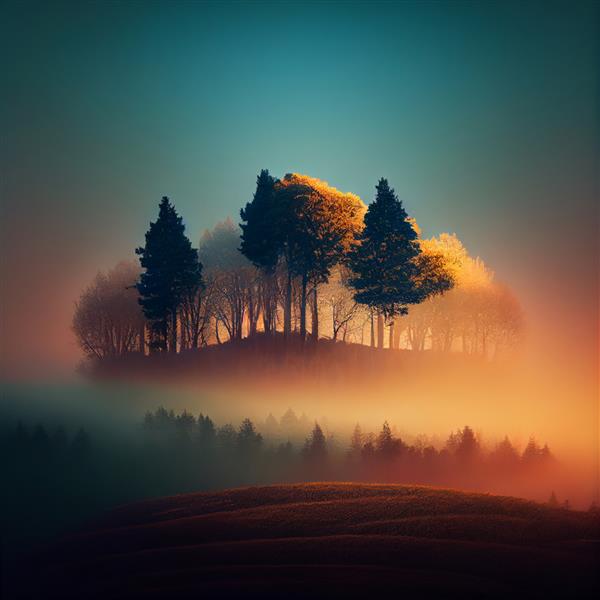 منظره زیبای طبیعت جنگلی مه آلود در غروب یا طلوع خورشید مولد او