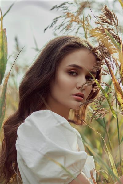 زن جوان زیبا با لباس تابستانی سفید در چمن های بلند در زمین روستایی نشسته است پرتره دختر عاشقانه در غروب آفتاب گرم زن زیبای طبیعی
