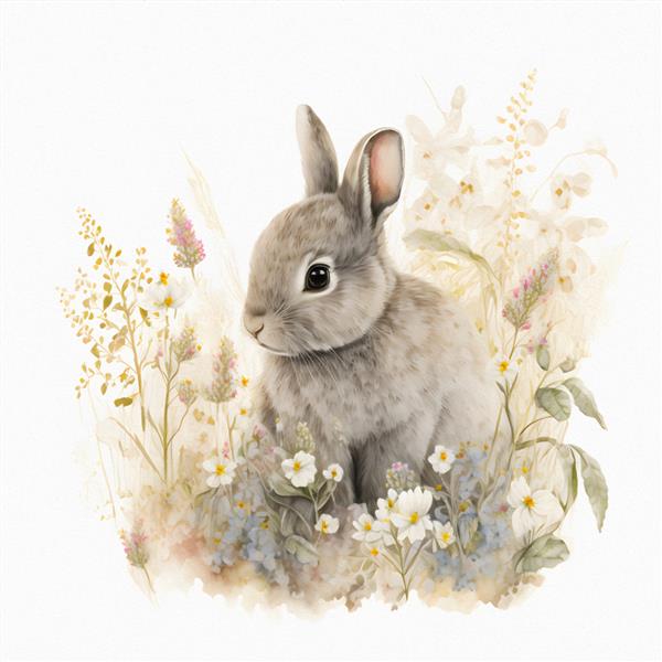 خرگوش جوان کوچک در مزرعه در میان گل های وحشی و تصویر آبرنگ چمن نشسته است