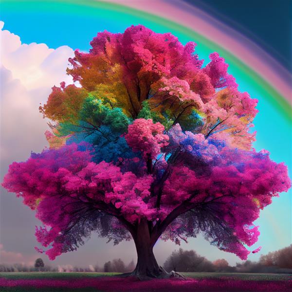 منظره فانتزی درخت رنگین کمان و درخت با تصویر رنگین کمان