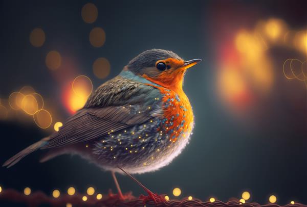 پرنده رابین جشن پوشیده از نورهای درخشان در صحنه زمستانی مولد او