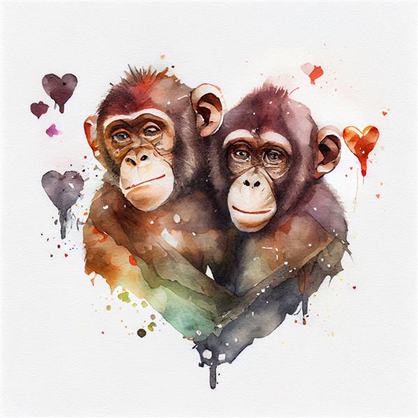 زن و شوهر میمون یا میمون ناز که عاشق قلب هستند نقاشی نقاشی با آبرنگ