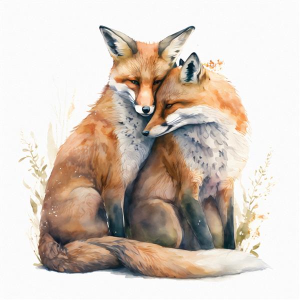 دو روباه قرمز عاشق روز ولنتاین را در آغوش می گیرند و همه عاشقان نقاشی را برای تصویر آبرنگ چاپ کارت پستال کتاب جدا می کنند