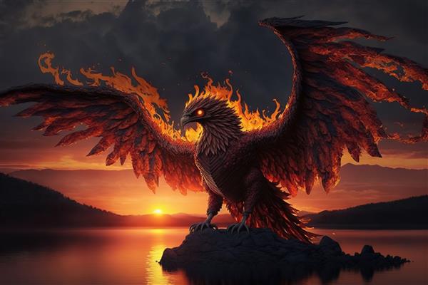 عقابی آتشین با بال‌های بزرگ بر روی صخره‌ای در غروب خورشید