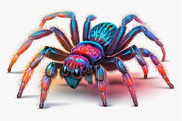 یک عنکبوت بزرگ با موهای کوچک سیاه روی بدن روی یک پس زمینه سفید مولد ai نشسته است