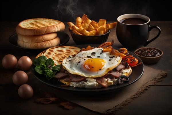 صبحانه زیبا و لذیذ با تخم مرغ نان تازه و چای داغ روی میز